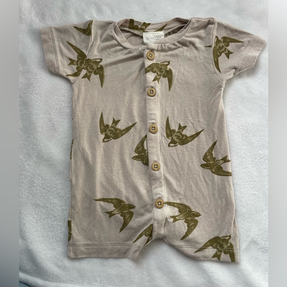 Kate Quinn the Woods Tan Birds Beechwood Modal Gender Neutral Romper
